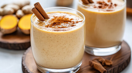 Creamy turmeric ginger drink topped with cinnamon sticks, perfect for warm boost of flavor