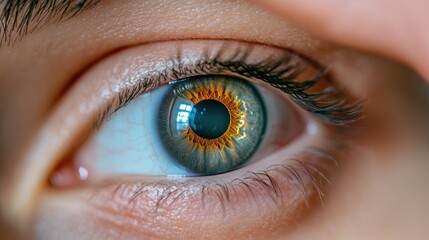 Close up of eye with blue green and gold iris