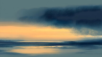 Fototapeta premium Minimal abstract seascape at golden sunrise with misty clouds and reflective water, horizontal painterly ocean horizon in deep blue and warm amber tones, tranquil modern background.