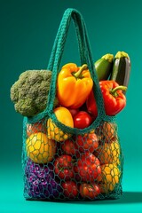 Colorful assortment of fresh vegetables in a mesh shopping bag against a vibrant backdrop.