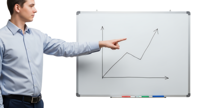 Manager pointing at whiteboard diagram, showcasing business growth and future upward trajectory for strategic business planning, demonstrating success