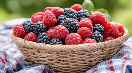 Fresh berries in woven basket on picnic blanket create vibrant outdoor scene