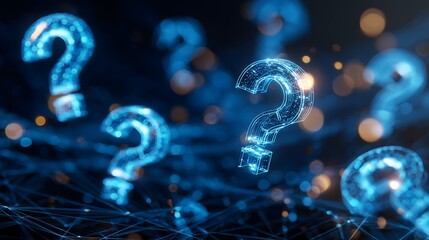 Futuristic glowing digital question marks floating in a network of connections, abstract concept of curiosity, knowledge, and artificial intelligence