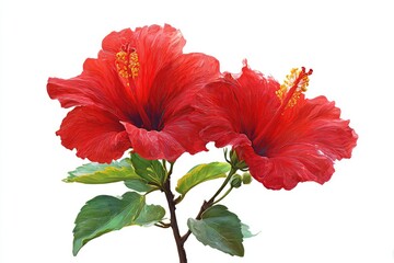 Two vibrant red hibiscus flowers with green leaves on a white background