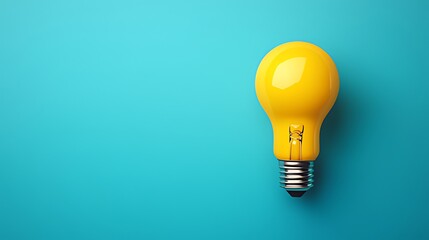Unlit Bright Yellow Light Bulb (with Clear Glass Filament) on Right of Solid Cyan Background, Clean Minimal Style