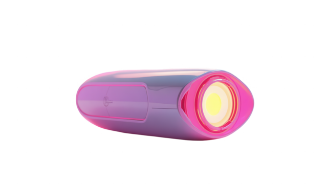 A futuristic, light-emitting device with a  lavender-pink and fuchsia design, angled in a 3/4 view, highlights its sleek form and vibrant color palette.