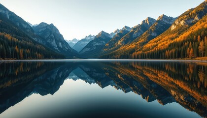 Still expanse of water reflects the majestic mountains, creating a symmetrical mirror image of the serene vista