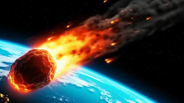 A dramatic illustration of a large, fiery asteroid entering Earth's atmosphere on a collision course.