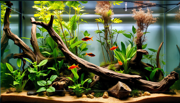 Amazon river biotope aquascape, featuring driftwood, sand substrate, and cardinal tetras swimming among native aquatic plants