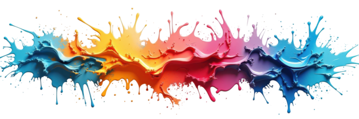 Vibrant paint splashes in a dynamic display of color against a bold black background.
