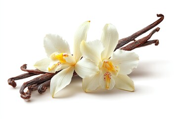 Vanilla orchid flowers and pods on white background
