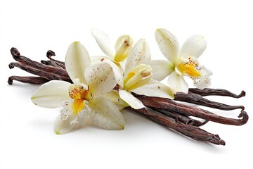 Vanilla pods and blossoms, close-up