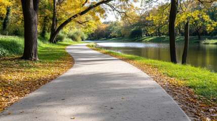Serene pathway winds beside calm river, surrounded by vibrant autumn foliage