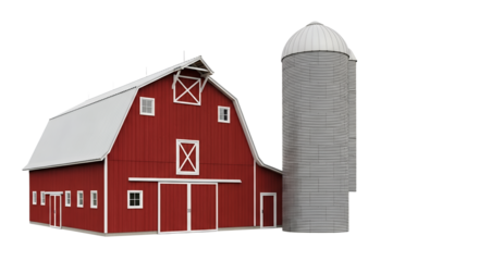 Classic american farmstead scenery showcasing a traditional red barn and a pair of silver silos against a stark white background rendering a