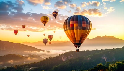 Obraz premium Colorful Hot Air Balloons Soaring Above Misty Mountain Landscape at Sunrise