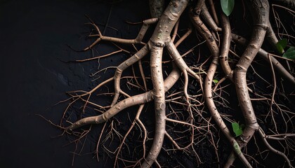 Intertwined Tree Roots and Branches on Dark Textured Background