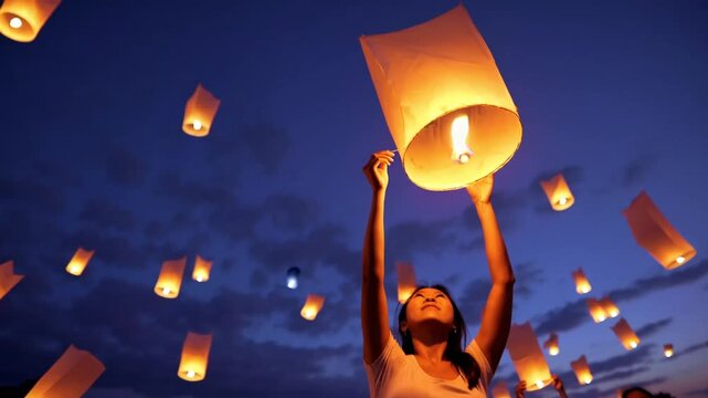 Asia woman people release floating lanterns ballon to blue sky