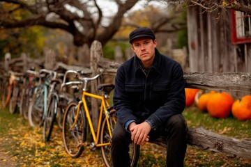 Young Caucasian man seated on a fence with bicycles and pumpkins in the background.