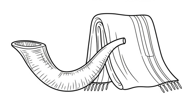 shofar and tallit black and white drawing clip art preview