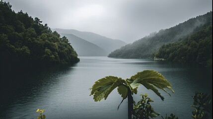 The beautiful green mountain lake with green leaves and reflections on the water creates a serene landscape with mountains in the background, with high-quality details and high-definition views.