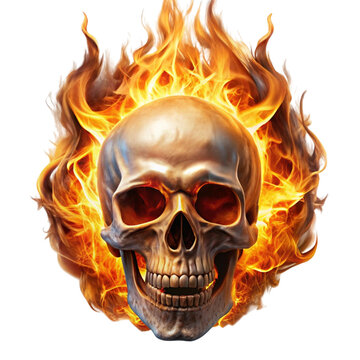 A skull on fire with flames and red eyes isolated on black background