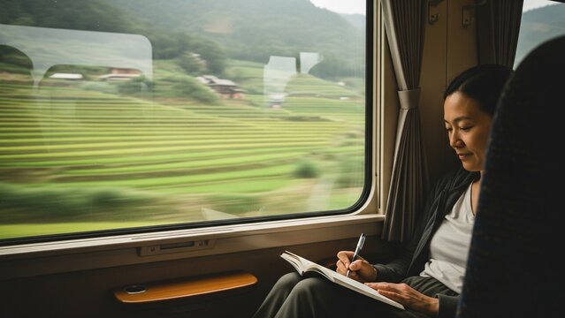 Slow travel on electric train: passenger journaling by wide window, rice terraces blur outside, calm tones, clean reflections, mindful eco trip.