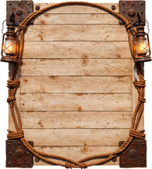 Rustic Wooden Sign with Lanterns and Rope Frame Placa r&uacute;stica de madeira com lanternas e moldura de corda
