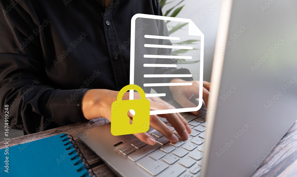 Poster person working on computer with a document icon with a padlock floating