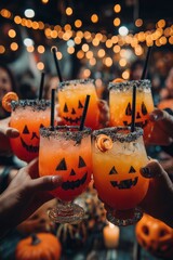 Group of festive Halloween-themed cocktails with pumpkin designs, vibrant colors, and cheerful mood.