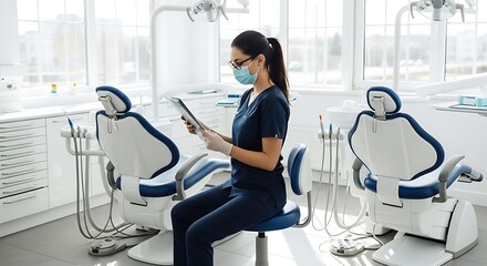 Dentist reviewing patient records on tablet in modern dental clinic during the day light
