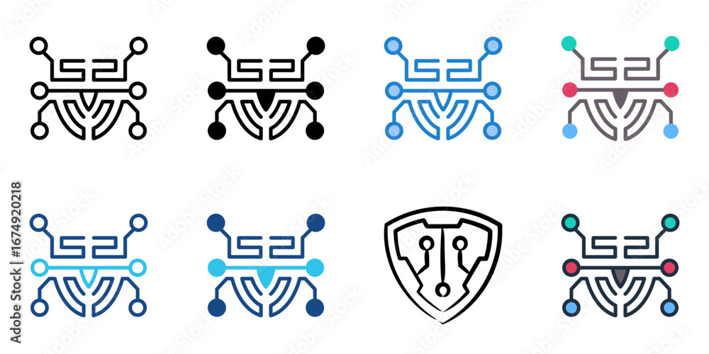 Poster cybersecurity shield icon set multiple style collection