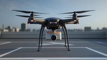 An advanced black drone with a white delivery package positioned on a rooftop helipad overlooking an urban landscape. - Powered by Adobe