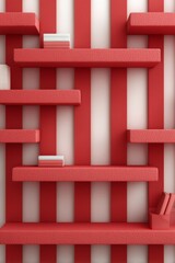 Vibrant red geometric shelves with minimalist decor against a soft white background.