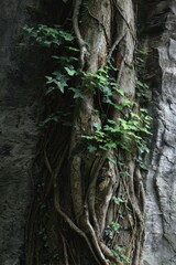 Ivy-covered tree trunk against a rock face