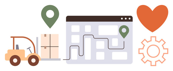 Forklift moving boxes, route map with location pins, heart, gear symbol. Ideal for delivery, warehouse management, operations, supply chain logistics business planning efficiency. Simple flat