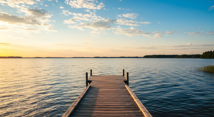 Fototapeta premium Peaceful Wooden Pier on Calm Lake at Golden Hour. Tranquil Nature Landscape with Blue Sky and Clouds.