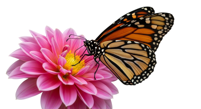 Monarch butterfly gracefully perches on a vibrant pink dahlia, showcasing nature's delicate beauty and intricate symbiotic relationship between