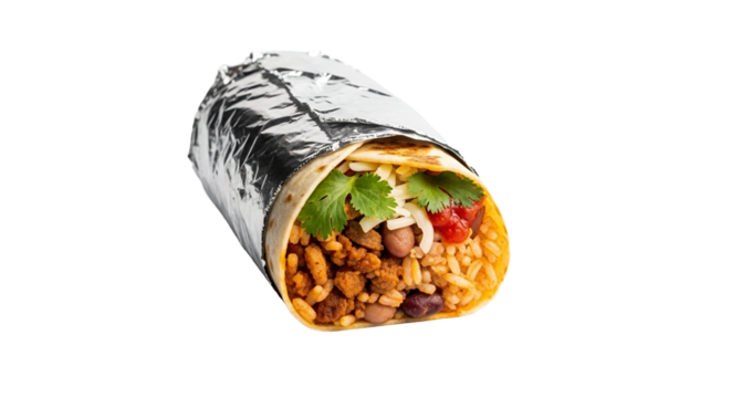 Isolated burrito wrap with fresh ingredients and bright foil casing for food photography and marketing collateral creation