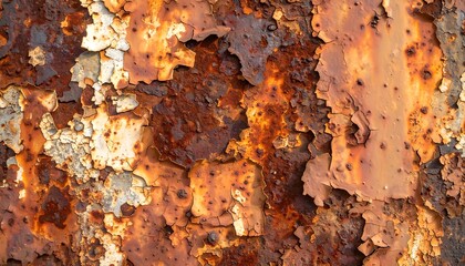 Abstract grunge background of weathered and corroded metal with flaking, chipped paint and heavy rust texture.