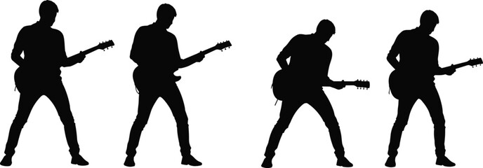Silhouette of male guitarists playing electric guitar on stage in performance poses for rock concert vector illustration design artSilhouette of male guitarists playing electric guitar