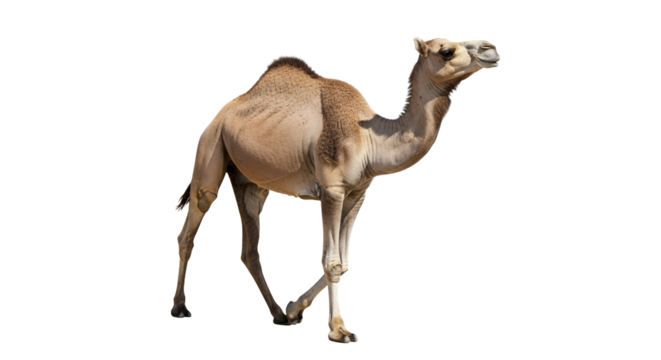 Majestic Single-Humped Camel Striding Proudly Across a Plain Isolated on White Backdrop with Confidence and Grace