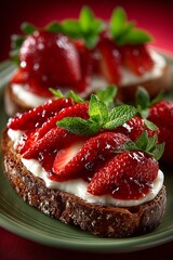 Delicious strawberry dessert on whole grain toast with mint garnish.