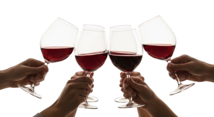 Cheers! Four hands raise glasses filled with red wine, toasting in celebration