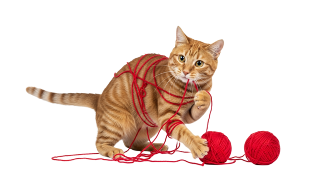 Adorable ginger cat tangled in vibrant red yarn, playfully batting at yarn balls on a white backdrop