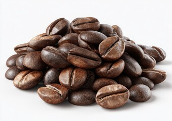 Obraz premium Roasted coffee beans piled high on white background