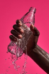 A hand gripping a water bottle, splashing liquid against a vibrant pink background.