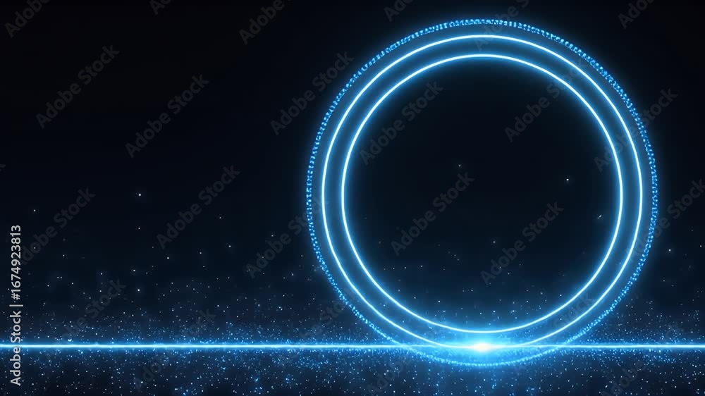 Poster abstract glowing blue circles and a line against a dark background with sparkling particles.
