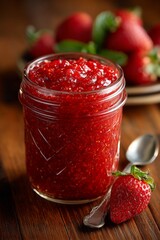 Delicious homemade strawberry jam in a jar with fresh strawberries in the background.