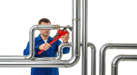 Plumber with wrench tightening pipe fitting, silver pipes on black background