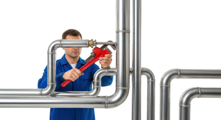 Plumber with wrench tightening pipe fitting, silver pipes on black background
